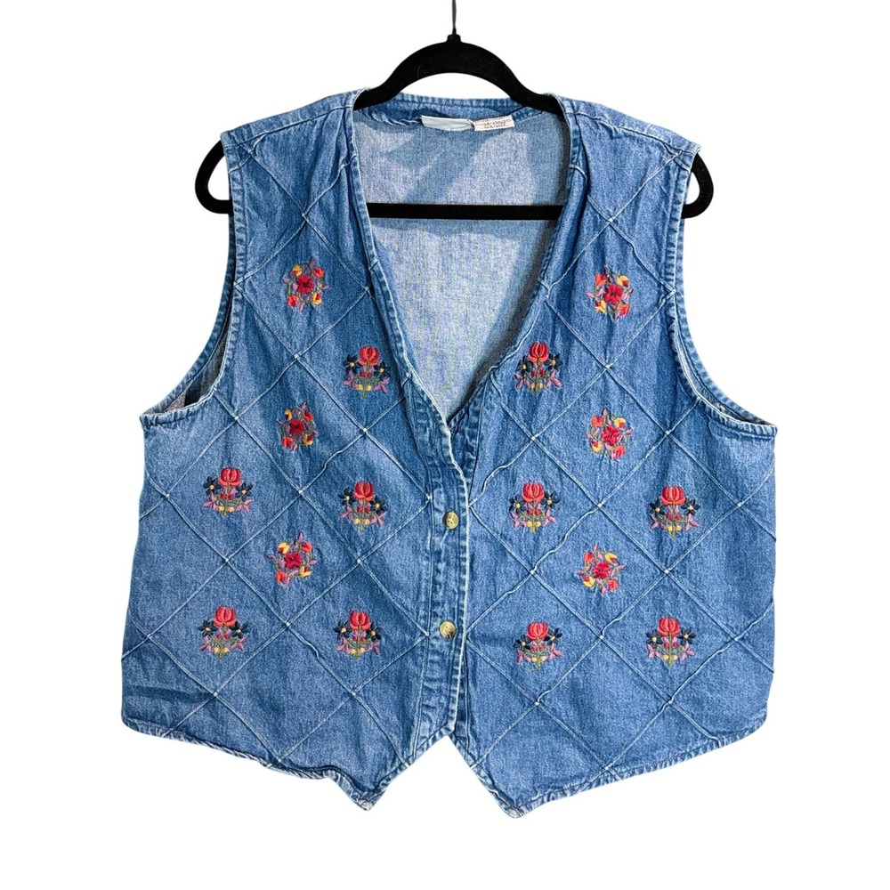 Bobbie Brooks Blue Denim Vest Floral Embroidered Quilted V-Neck XL - Picture 2 of 5